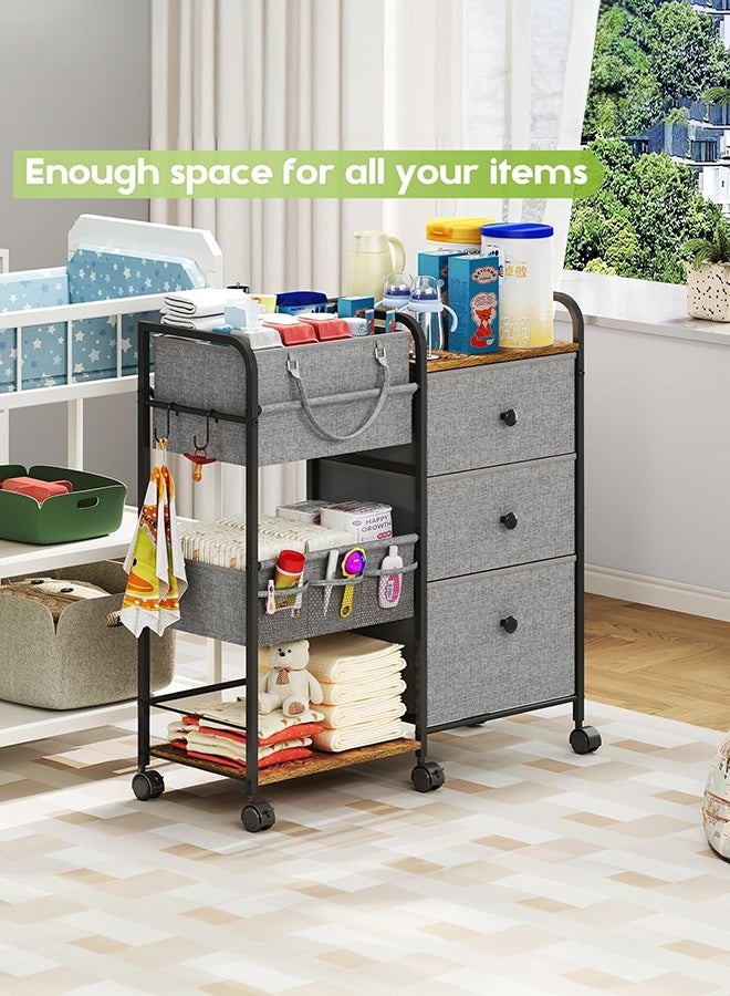 WALALLA 2-in-1 Baby Diaper Caddy & Nursery Organizer, 3-Tier Rolling Cart with Dividers, Drawers & Wheels, Large Capacity Mobile Storage for Baby Essentials, Easy Assembly, Gray - Image 3